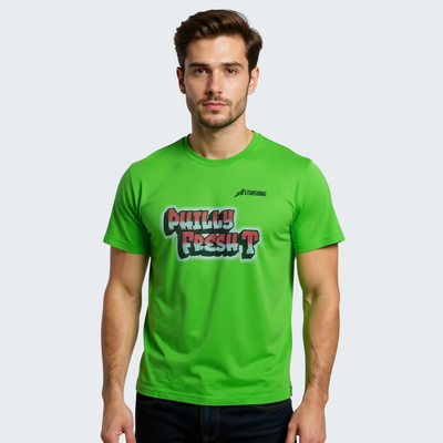 Man wearing a green t-shirt with 'Philly Fresh' text on a light gray background