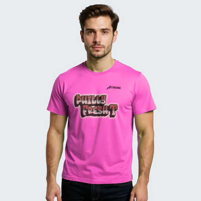 Man wearing a pink t-shirt with 'Philly Fresh' text on a light gray background